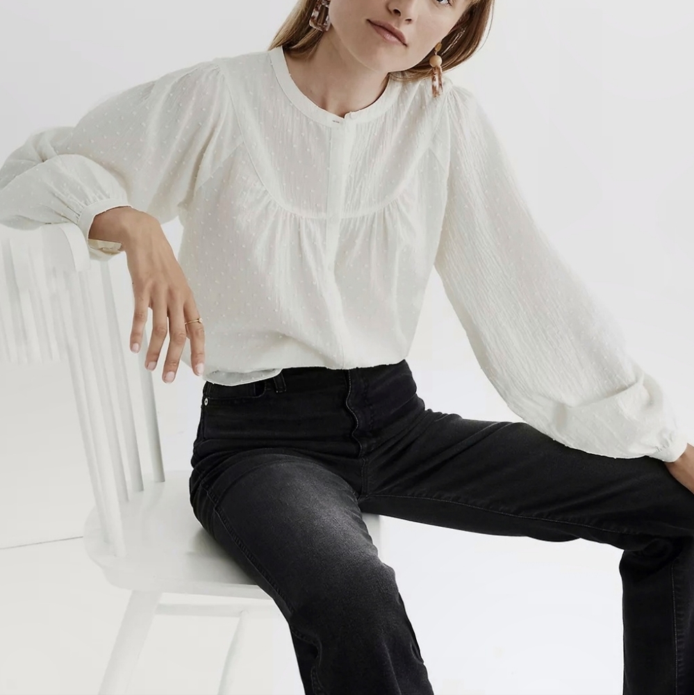 MADEWELL Balloon Sleeve Cream Clipdot Peasant Button Down Blouse Top